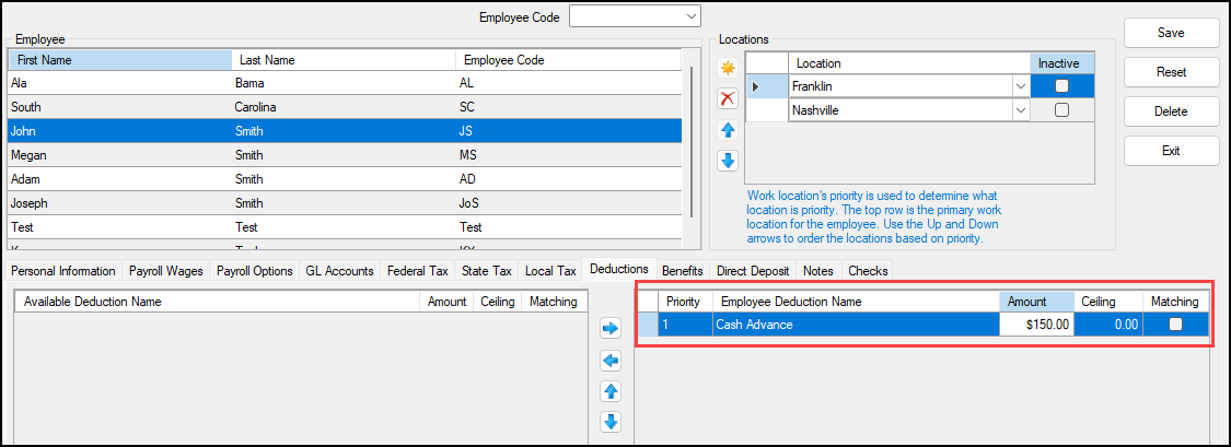 Employee Deductions tab